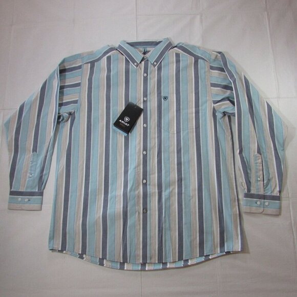 Ariat Pro Men's XXL Long Sleeve Elliot Stripe Classic Fit Button Up Shirt Blue - Picture 1 of 2